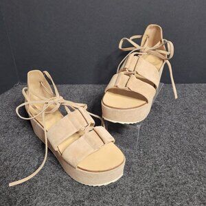 Vicini Tapeet Wedge Sandals Sand Suede Sz 38 (7.5 US)